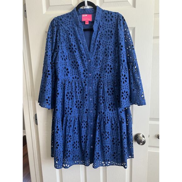 LILLY PULITZER Navy Oyster Bay Hazelanne Eyelet Sunflower Button Front Dress 16 - Picture 5 of 14